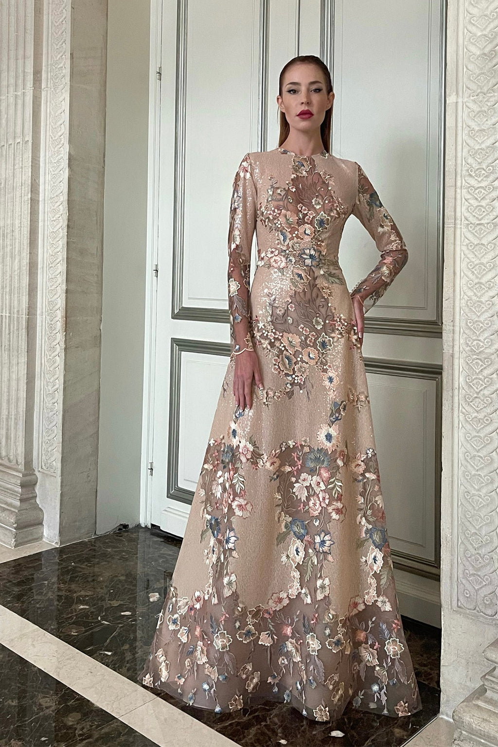 Long sleeves A line dress featuring floral embroidery