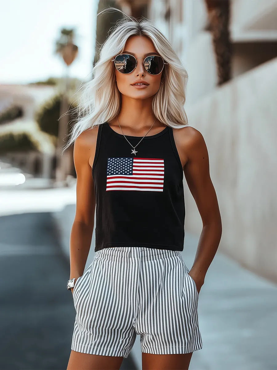 [24-hour shipping out]Loose Casual Everyday Printed Top Striped Shorts Set