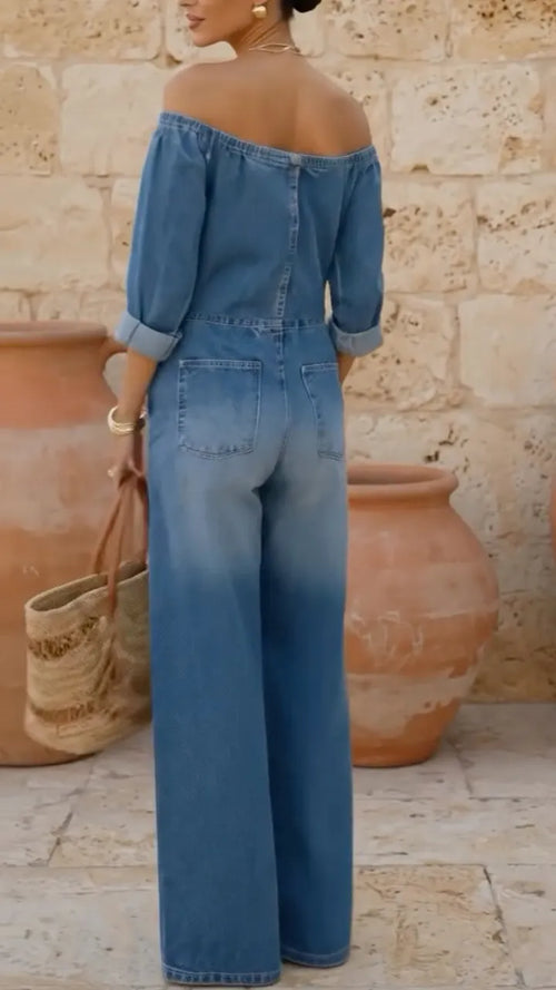 Blue Denim Off-Shoulder Jumpsuit