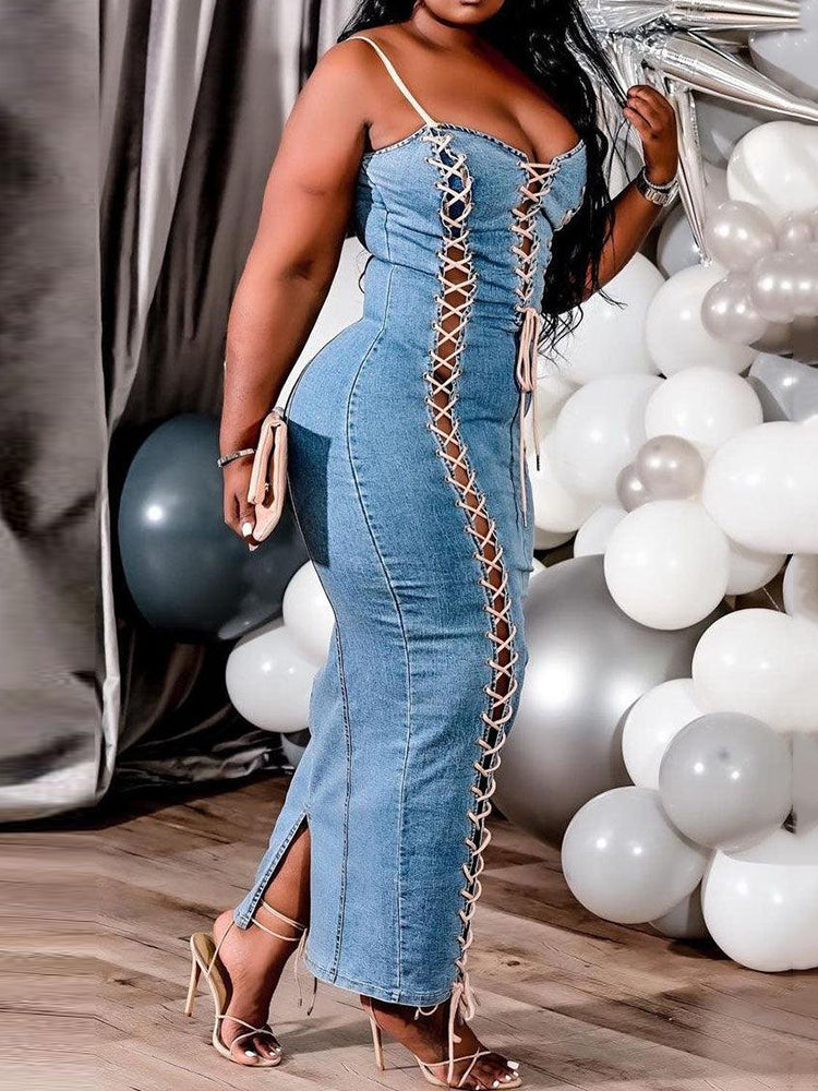 Casual Denim Empire Bandage Split-Joint Spaghetti-Neck Maxi Dresses