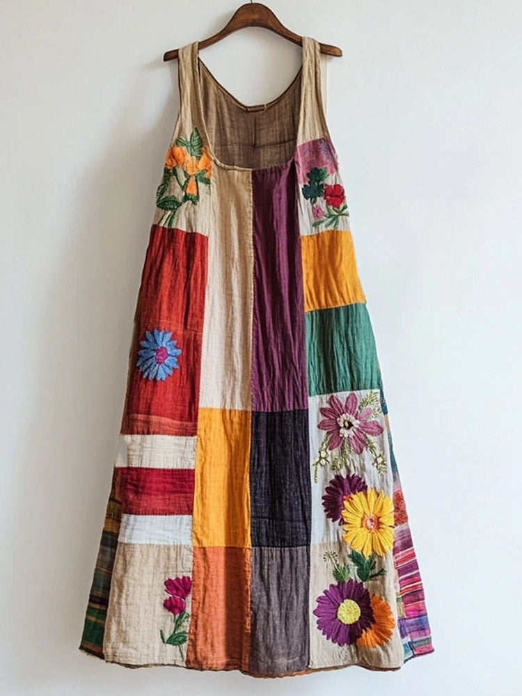 Colorful Floral Embroidered Patchwork Linen Blend Dress caad