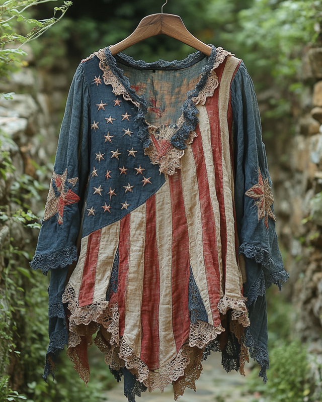 Summer Independence Day Contrast Lace Embroidery Patchwork Shirt  584b