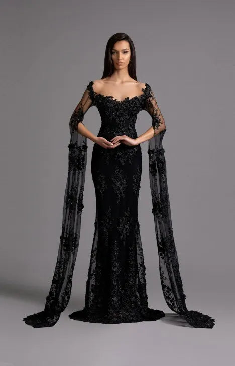 km10241 Shiny Black One-shoulder Evening Maxi Dress