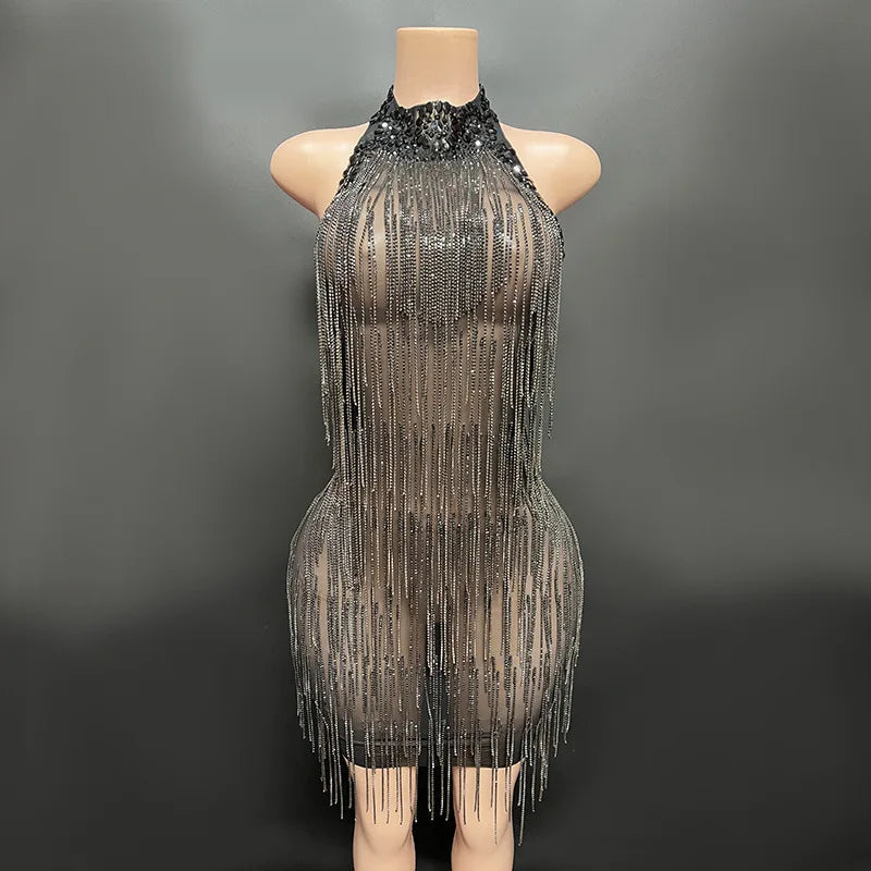 Trend4us Handmade Halter Backless Rhinestone Tassel Dance Dress