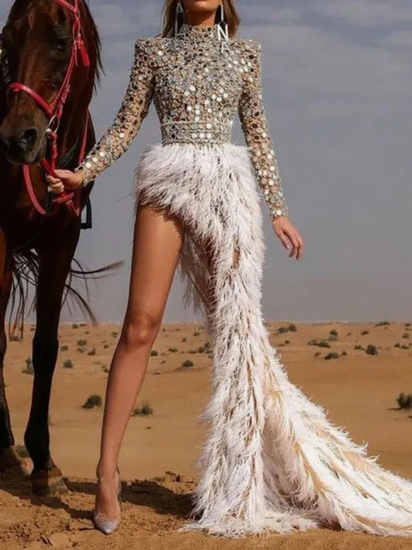 Stylish Round-Neck Sequined Long Sleeve Empire Feather Evening Mini Dress