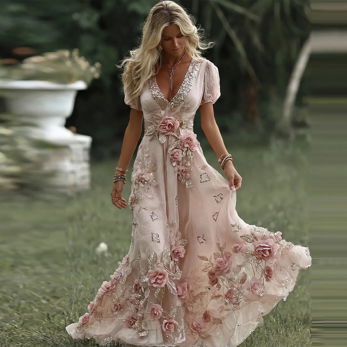 Women's Vintage Pink Rose Embroidered Art Pattern V-neck Short Sleeve Midi Dress