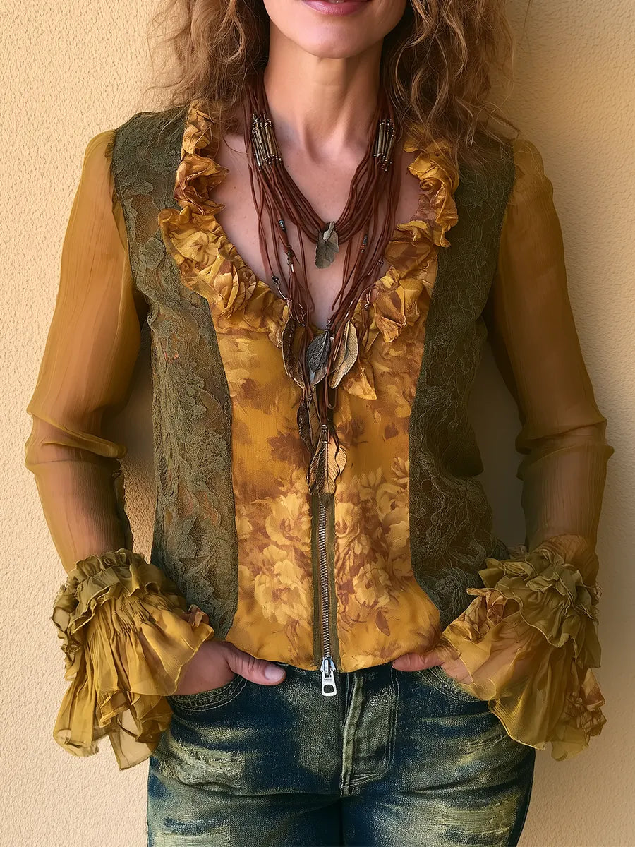 Vintage Boho Lace Panel Chiffon Zip Blouse Top