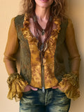 Vintage Boho Lace Panel Chiffon Zip Blouse Top