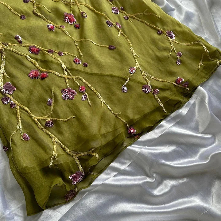 Yellow Green gorgeous exquisite vintage embroidered spaetti strap long ball gown prom dress evening gown