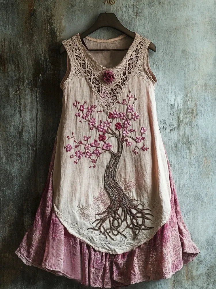 Women's Cherry Blossom Embroidery Art Linen Tank Dress