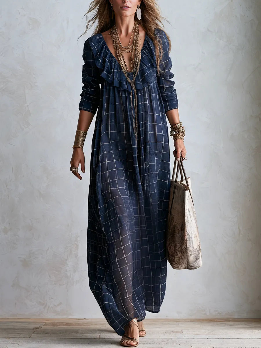 Bohemian Style Midnight Blue Plaid Ruffle Maxi Skirt