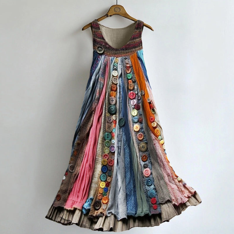 Boho Colorful Textile Flowy Linen Blend Tank Dress