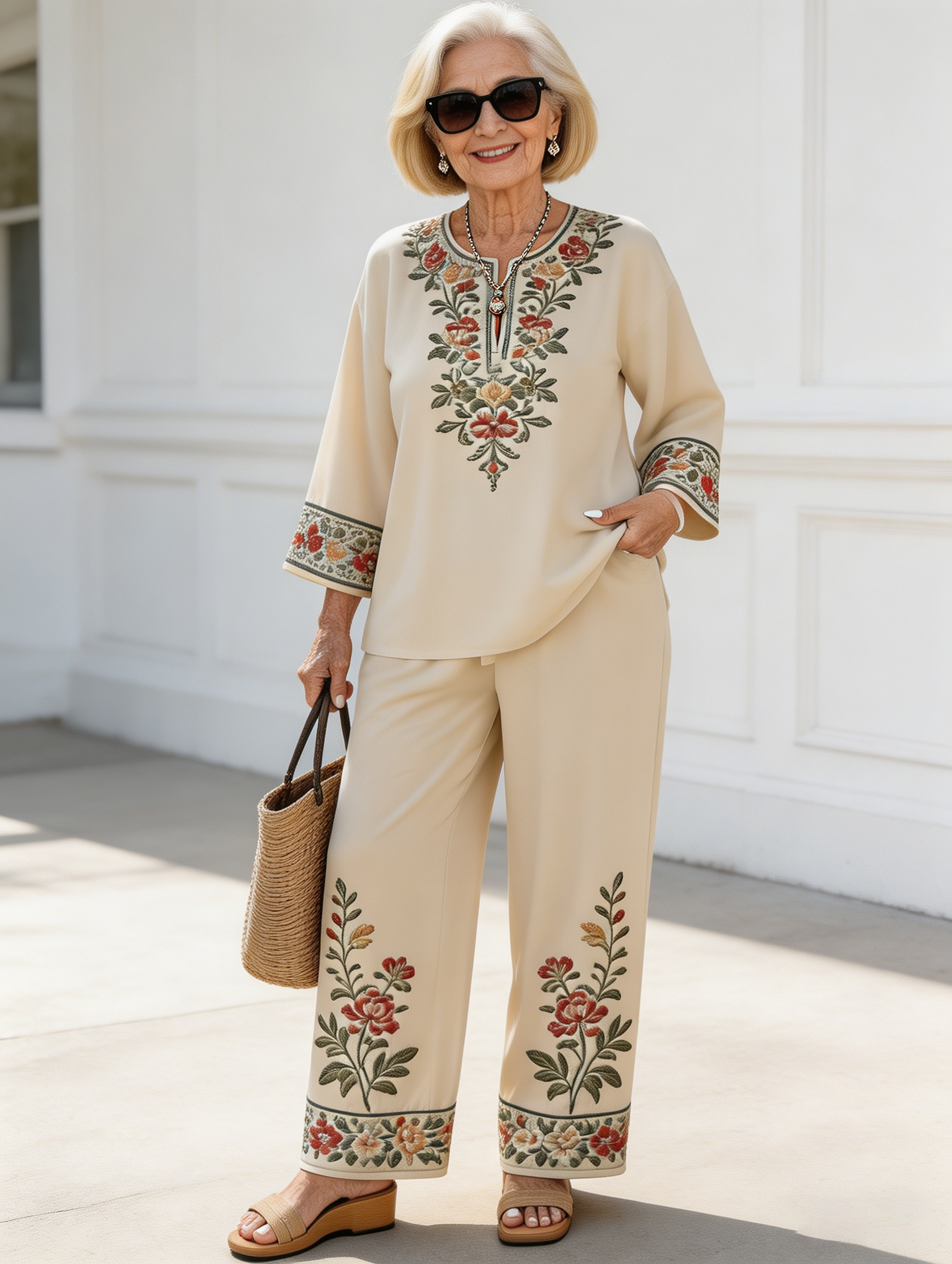 2Pcs Vacation Long-sleeved Lace Flower Long-sleeved Ethnic Style Suit