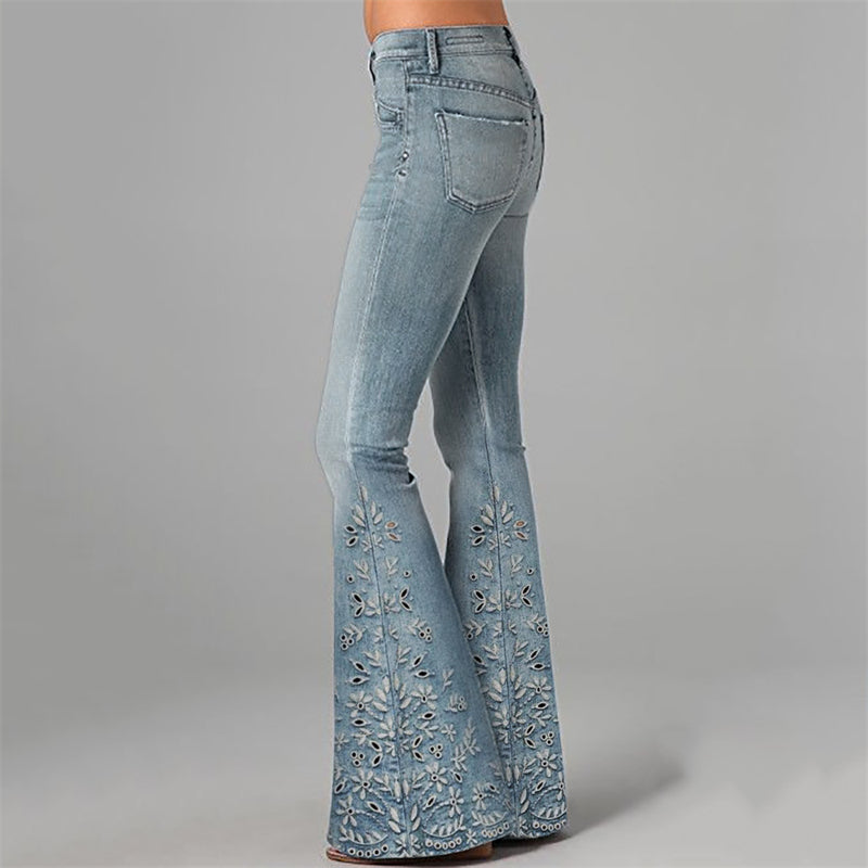 Boho Floral Hollow Embroidered Washed Flare Jeans