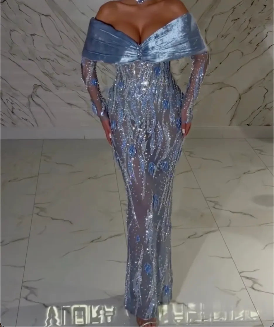 Off Shoulder Velvet Ruched Bust Leaf Sequin Rhinestone Sheer Mermaid Evening Gown, Dusty Blue Long Sleeve Formal Maxi Dress