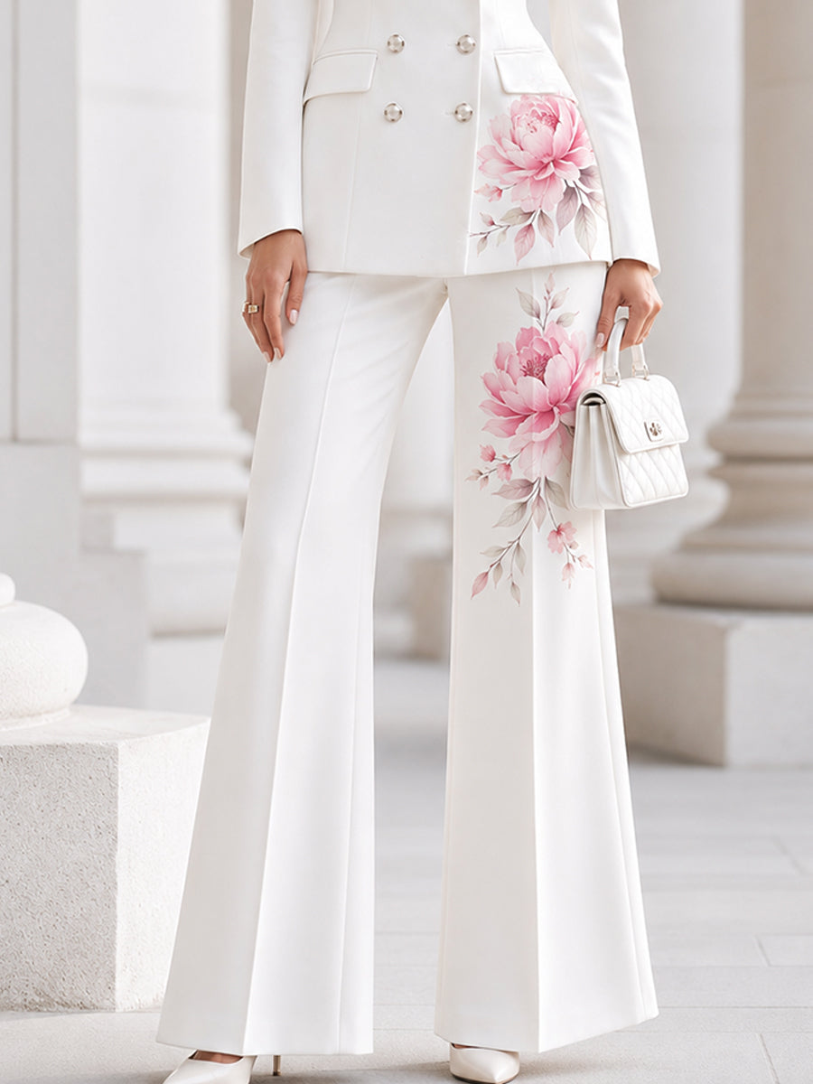 Double-Breasted Blazer & Flared Pants Suit Two-Piece Set