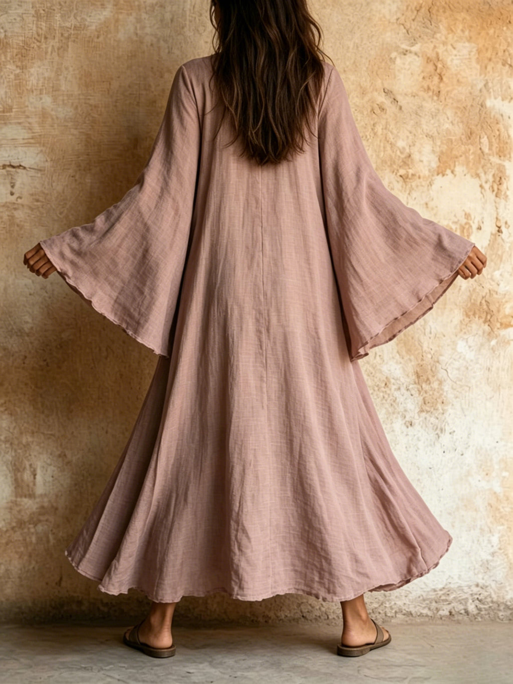 Cotton-Linen Long Dress with Flared Sleeves