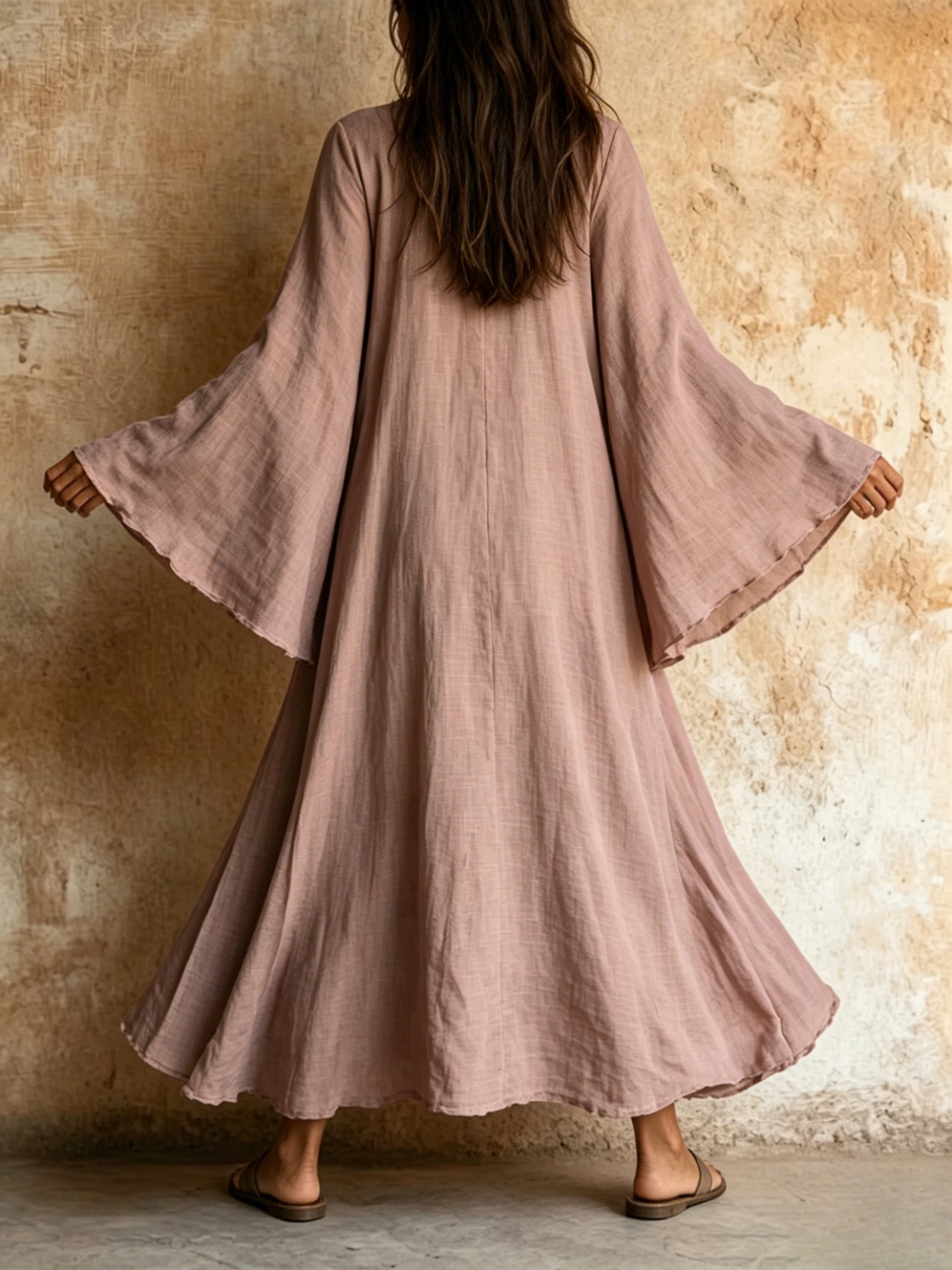 Cotton-Linen Long Dress with Flared Sleeves