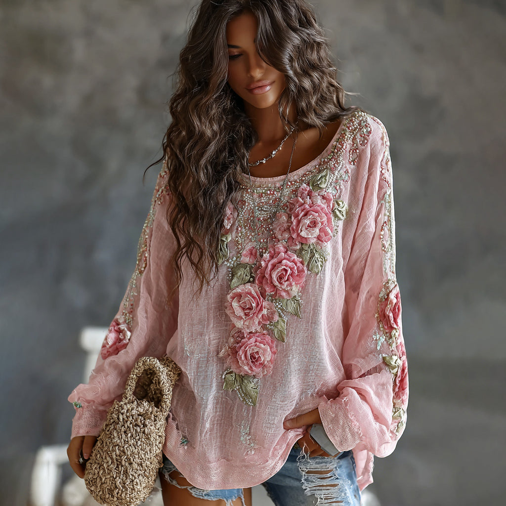 Women's Floral Embroidered Art Print Flowy Linen Blend Casual Tops