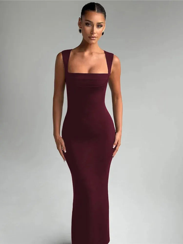 Marzelle Square Neck Bodycon Maxi Dress – Black or Claret Red Sculpting Evening Dress