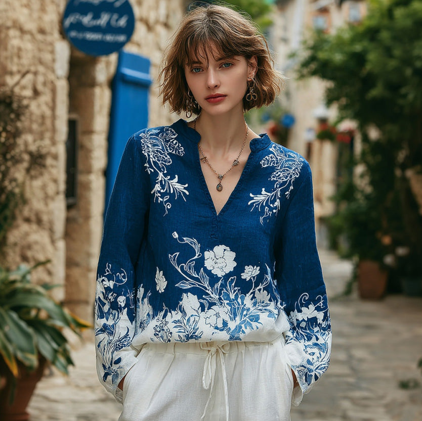 Women's Floral Pattern Linen V-neck T-shirt