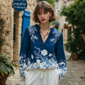 Women's Floral Pattern Linen V-neck T-shirt