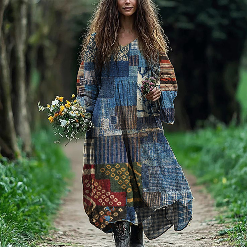 Boho Colorful Textile Flowy Linen Blend Maxi Dress