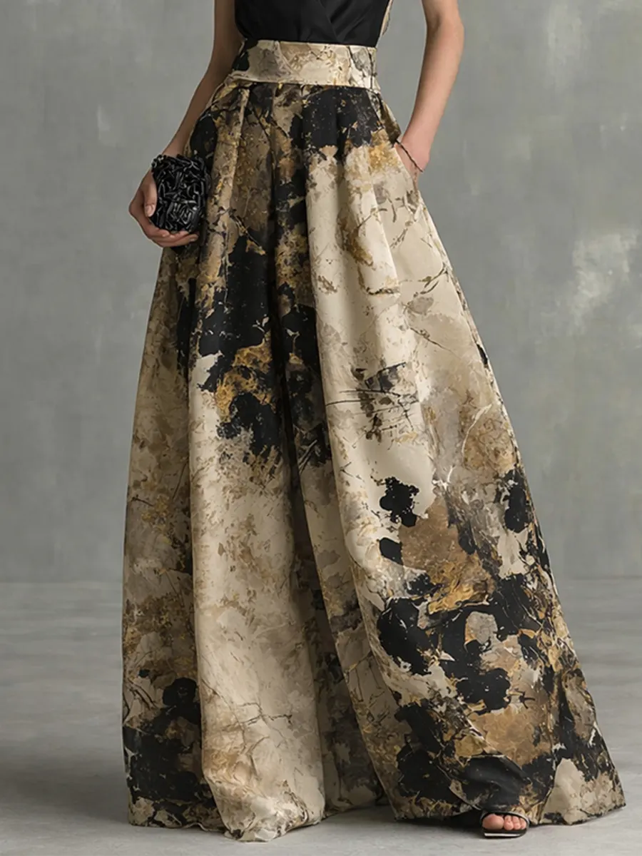 Women's Elegant Black And Beige Abstract Print V-Neck Spaghetti Strap Maxi Dress MDZ1483B2BA