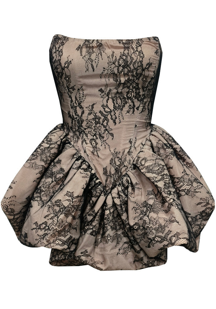 Strapless Lace Puff Dress Taupe