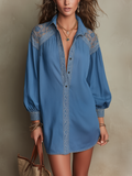 Elegant Blue Lace Yoke Shirt Dress