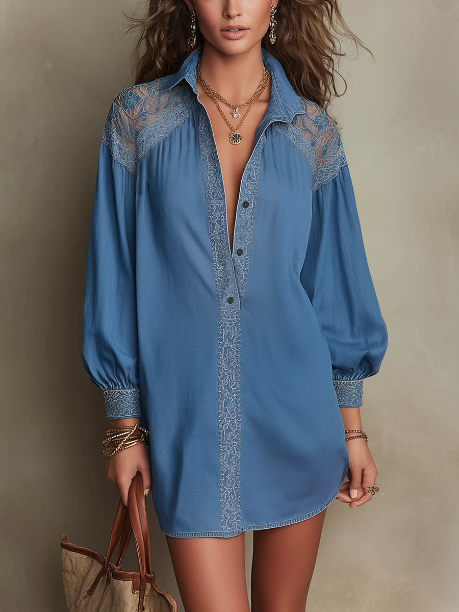 Elegant Blue Lace Yoke Shirt Dress