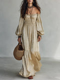 Vacation-to-Dinner Champagne Off Shoulder Maxi Dress