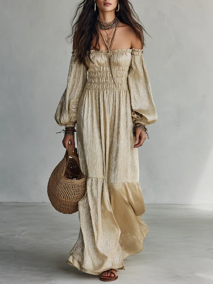 Vacation-to-Dinner Champagne Off Shoulder Maxi Dress