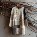 Vintage Japanese Floral Art Quilted Linen Round Neck Dress
