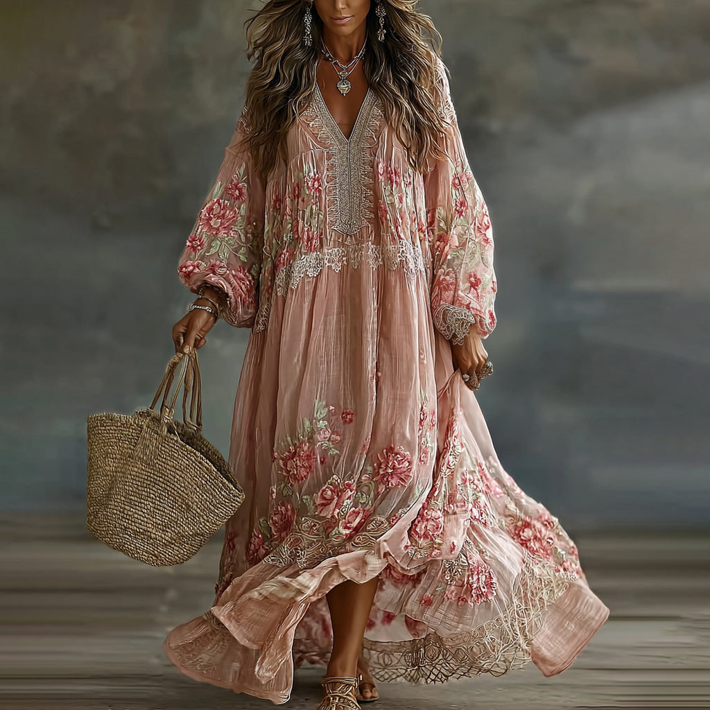 Women's Floral Art Print Flowy Linen Blend Casual Long Sleeve Maxi Dress