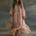 Women's Floral Art Print Flowy Linen Blend Casual Long Sleeve Maxi Dress