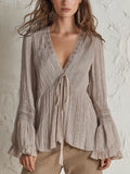 Delicate Beige Pleated Tie-Front Blouse