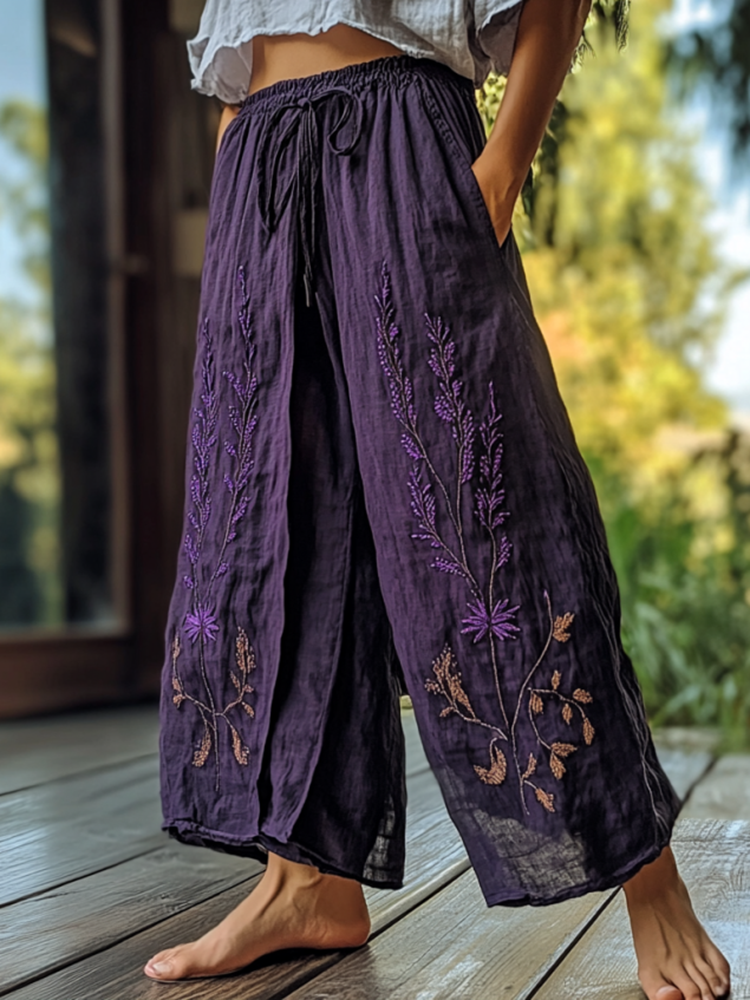 Vintage Bohemian Lavender Art Printed Cotton Linen Wide Leg Pants