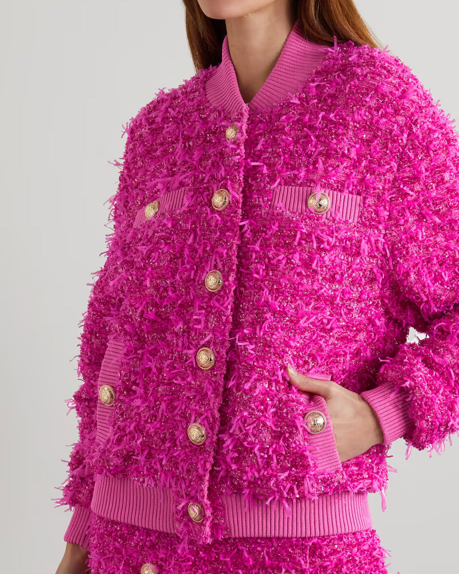 Metallic Button Tweed Bomber Jacket Slit Skirt Set