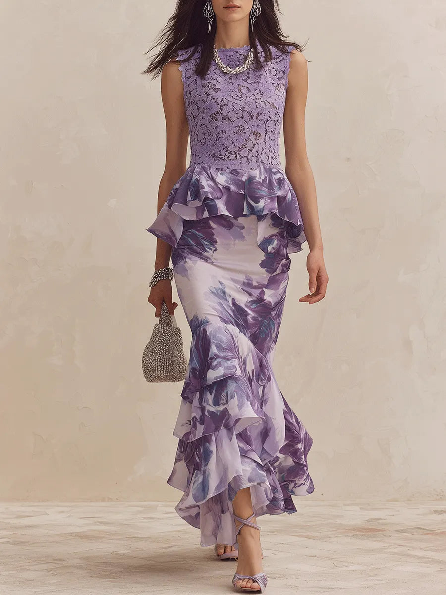 Romantic Elegant Lace-Bodice Floral Ruffle Mermaid Lavender Top And Skirt Set