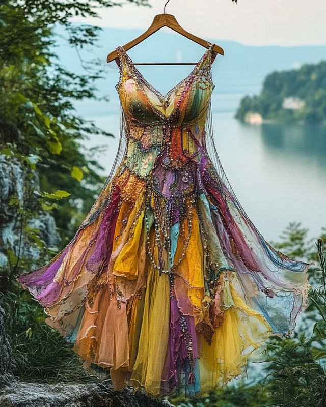 Summer Irregular Lace Patchwork BeadedRuffle Dress 2256