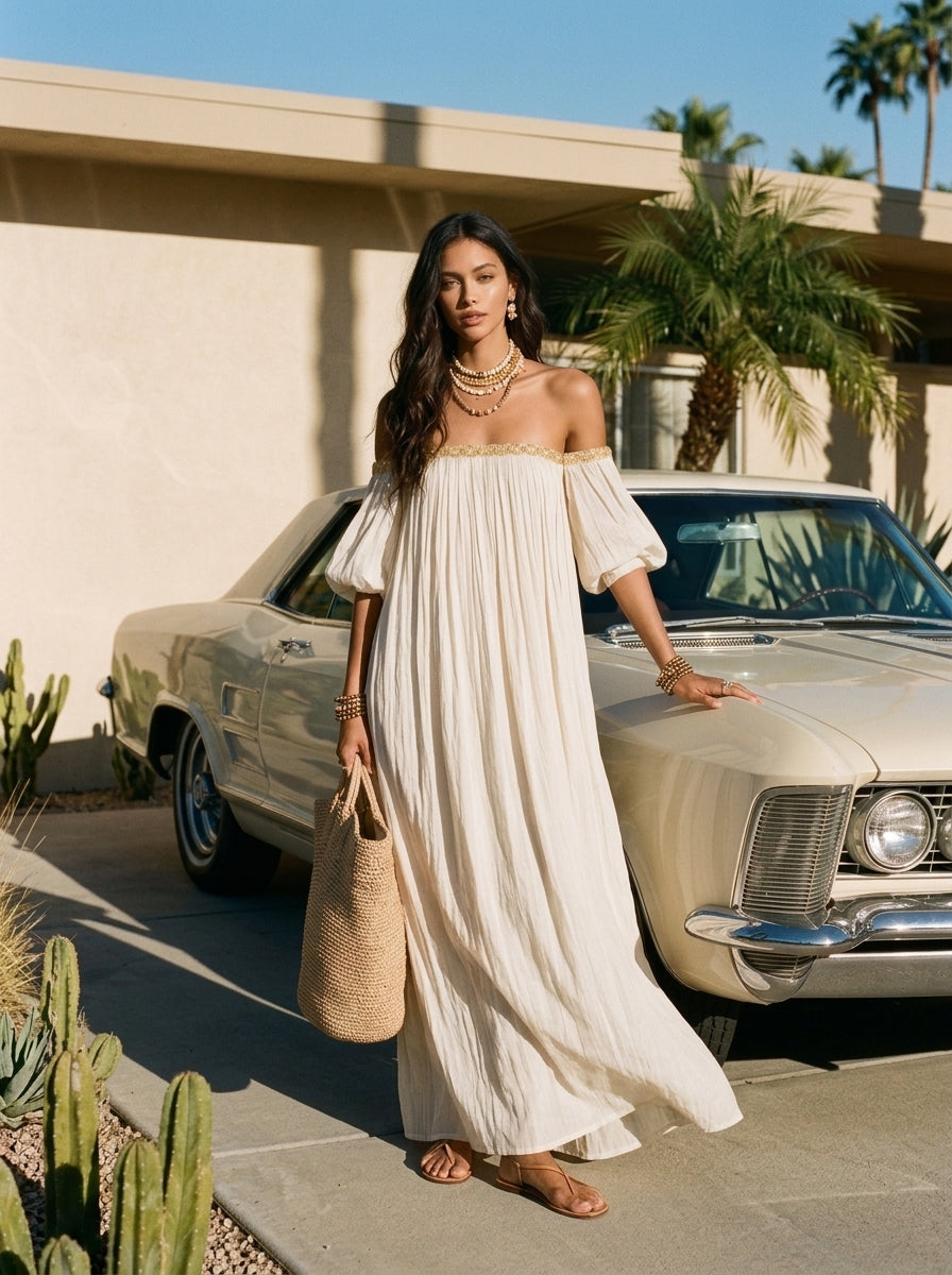 Bohemian Style Off-the-shoulder Pleated Ivory Long Dress