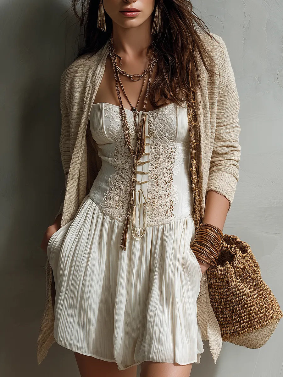 Boho Ivory Lace Corset Bustier Flowy A-Line Mini Dress