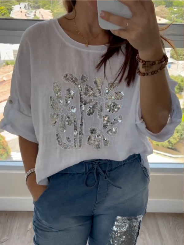 White Linen Sequin Top & Distressed Denim Jeans