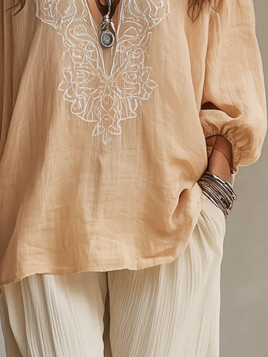 Refined Apricot Embroidered V-Neck Blouse