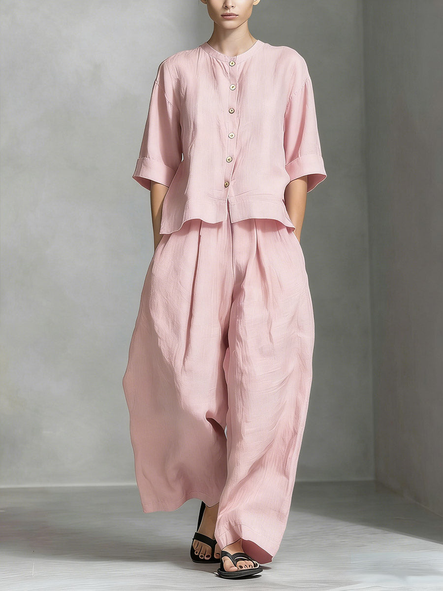 Women's Solid Color Round Neck 3/4 Sleeve Casual Loose Cotton Linen Top And High Waist Wide-leg Pants Cotton Linen Set