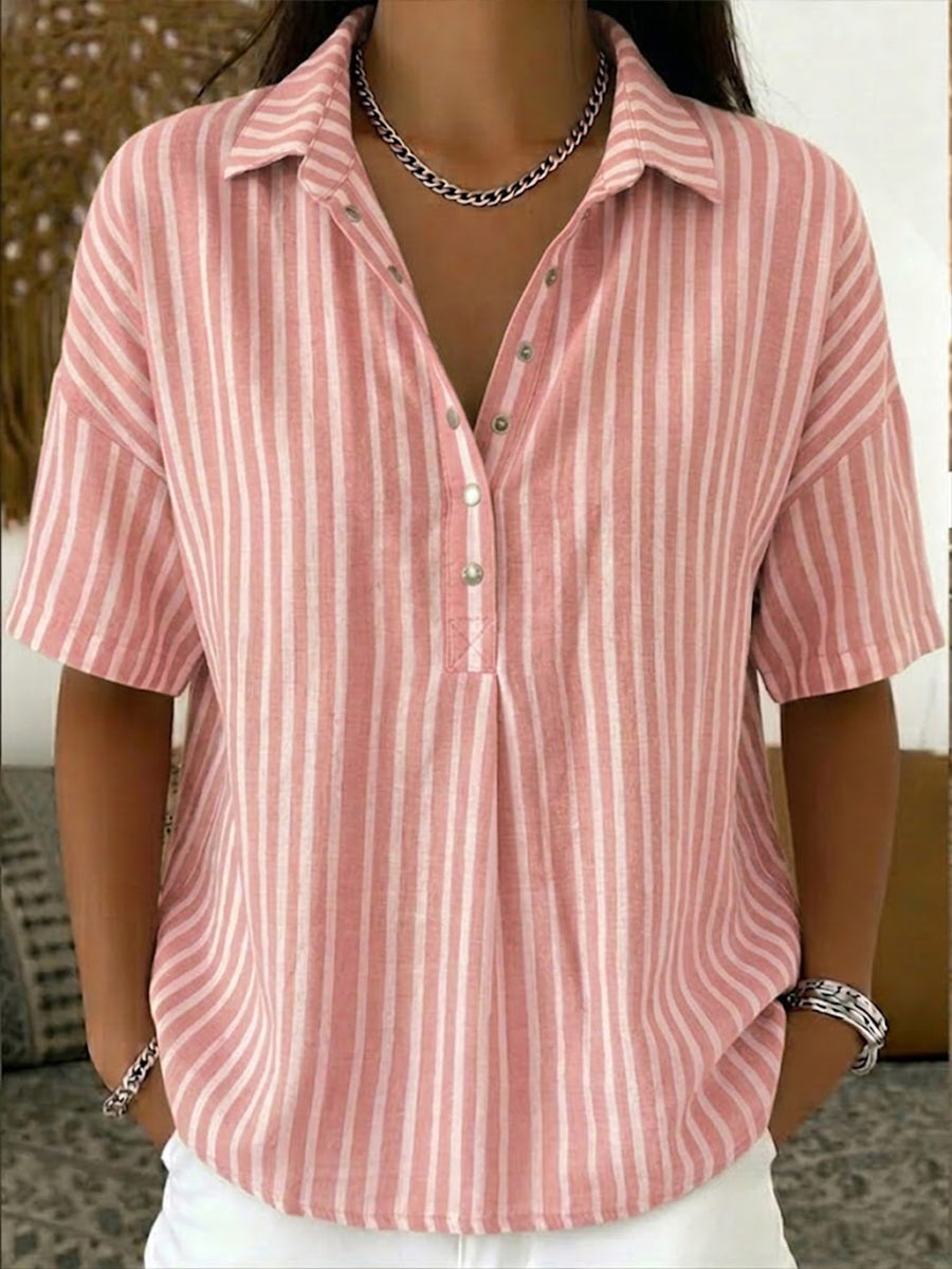 Casual Stripe Polo Collar Short-sleeved Linen And Cotton Shirt