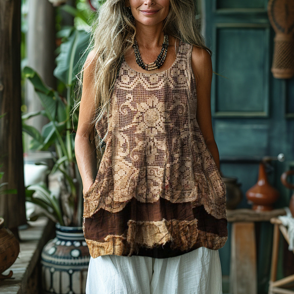 Vintage Lace Floral Art Women's Linen Tank Top