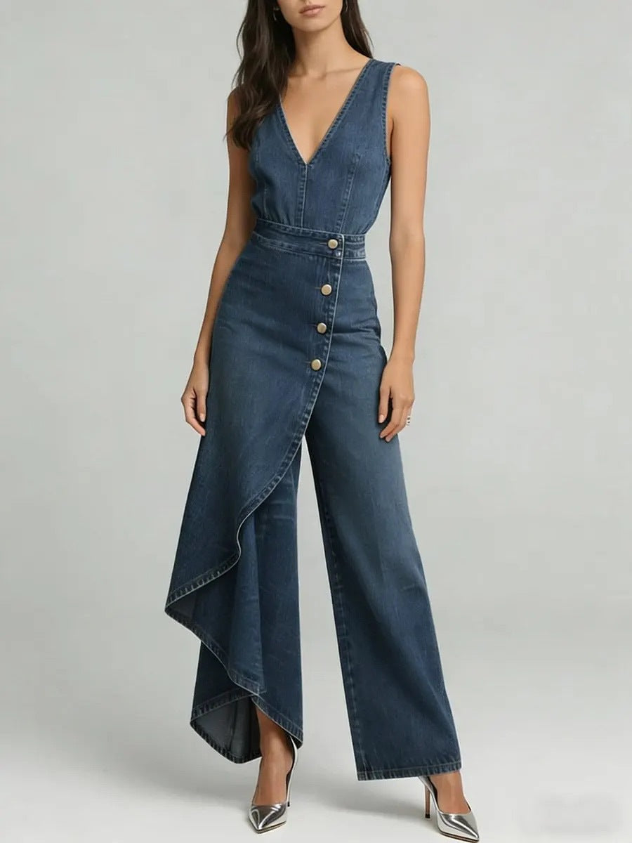 Women's Asymmetric Denim Jumpsuit - Elegant High-Waist Sleeveless V-Neck One-Piece with Ruffles