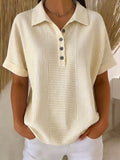 Artistic Cut Striped Cotton-linen Polo Collar Shirt Blouse